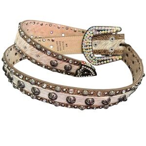 Western Bling Genuine Leather Womens Belt Size M 34” Hair On Hide Studded Buckle